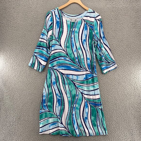 Tommy Bahama Dress Womens Small Green Blue Striped 3/4 Sleeve Boat Neck Mini Tee - Picture 1 of 7
